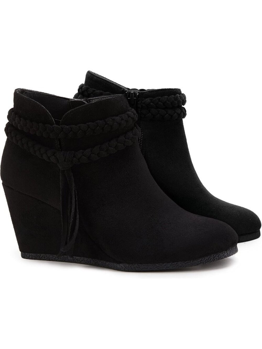 Women's Black Suede Wedge Ankle Boots Braided Fringe Strap Western Heel Booties